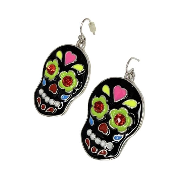 Black Sugar Skull Dangle Earrings 1" Silver Tone Enamel Day Of The Dead - Picture 3 of 8